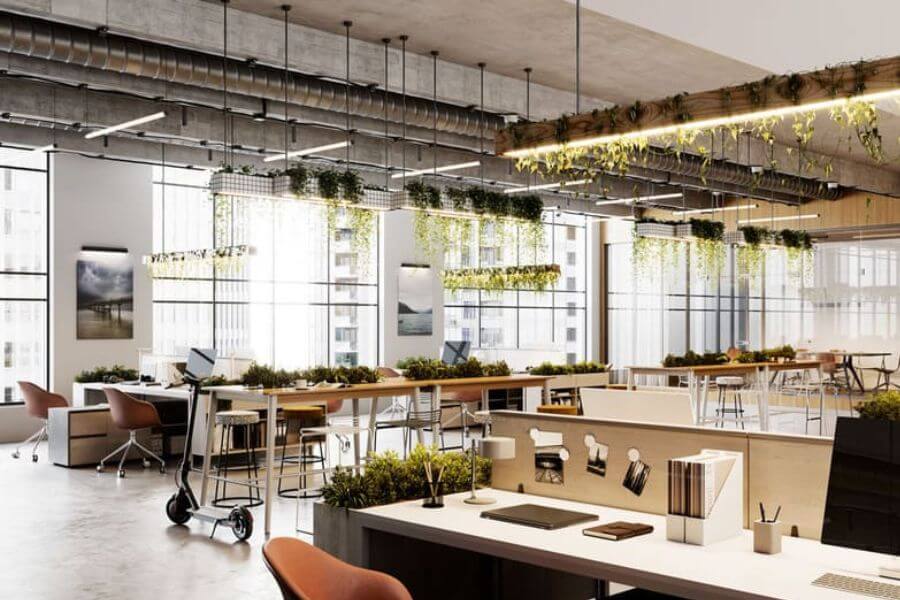 Thiết kế văn phòng xanh với giá treo cây tiết kiệm không gian