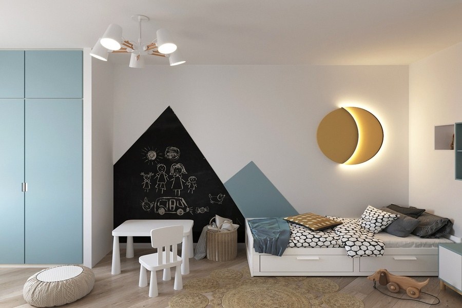 Trang trí phòng ngủ phong cách tối giản với điểm nhấn là hình ảnh mặt trăng