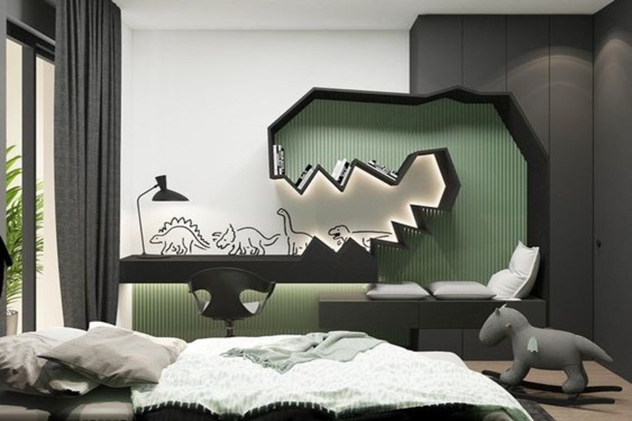 Phòng ngủ cho bé trai với họa tiết khủng long
