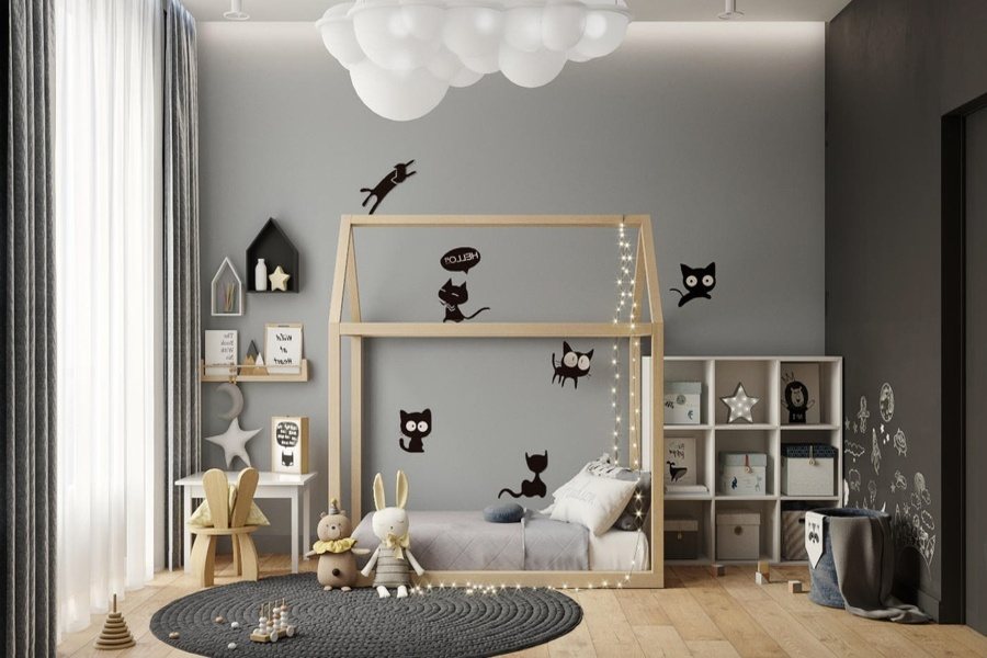 Trang trí phòng ngủ cho bé trai 7 tuổi với họa tiết mèo đáng yêu