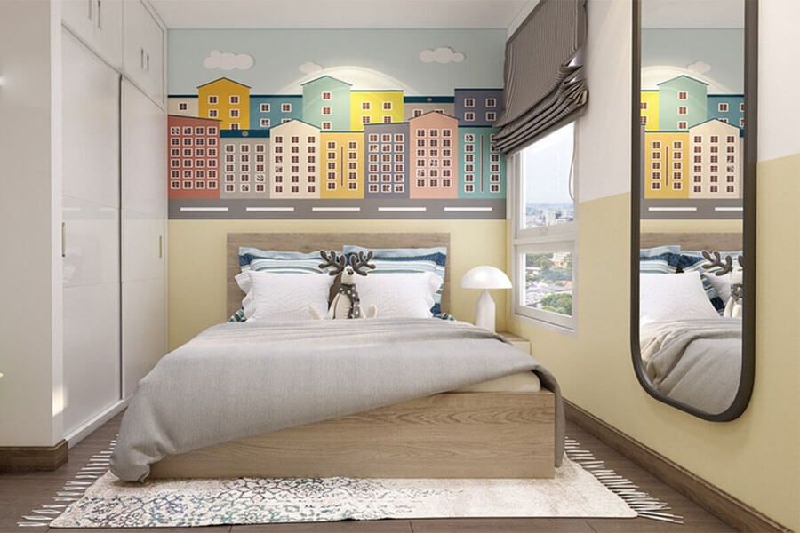 Trang trí phòng ngủ đơn giản với hòa tiết thành phố