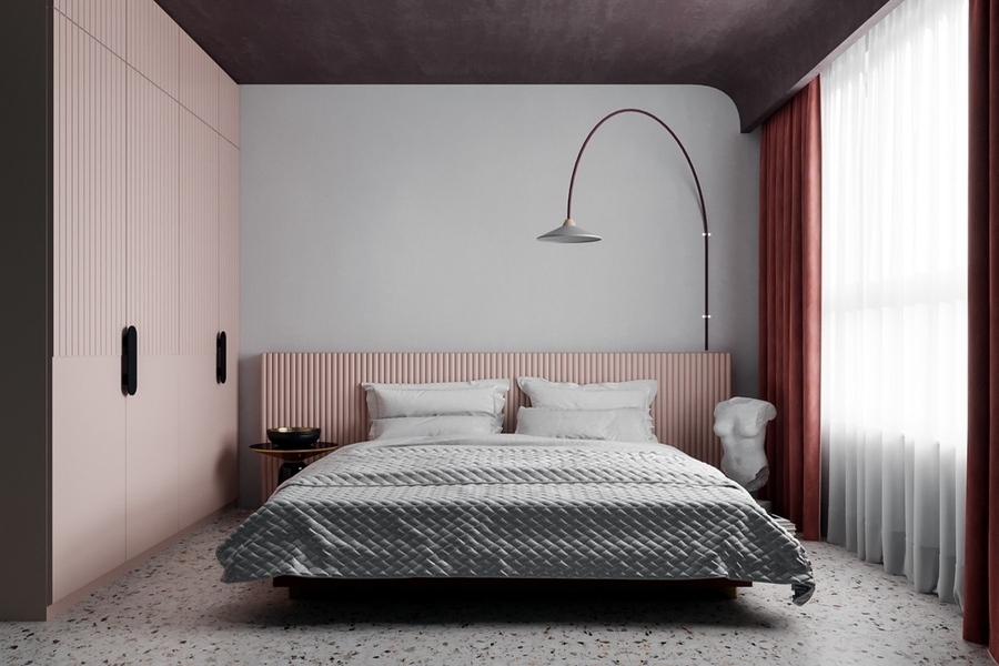 Phòng ngủ trở nên sang trọng, nhã nhặn hơn khi kết hợp màu hồng với xám
