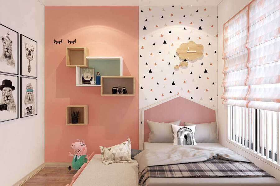 Tường màu hồng cam làm điểm nhấn cho không gian phòng ngủ