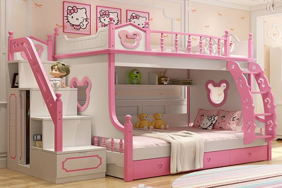 Giường tầng họa tiết Hello Kitty đáng yêu cho bé gái