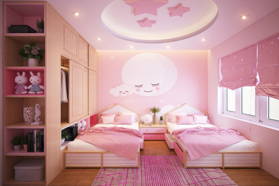 Phòng ngủ 2 giường được trang trí họa tiết đáng yêu