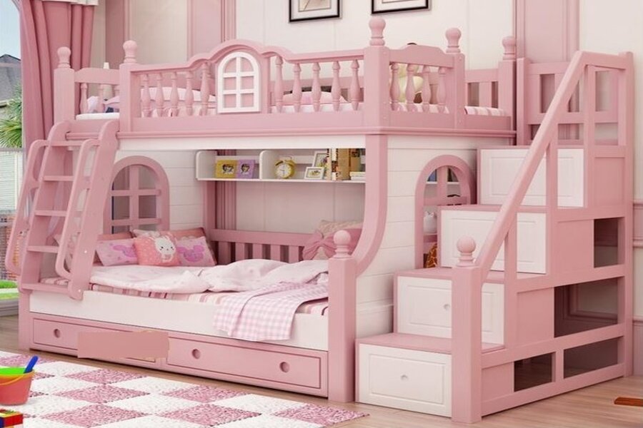 Tiết kiệm không gian phòng ngủ với giường tầng màu hồng kết hợp tủ đựng đồ