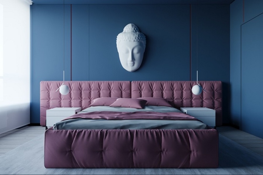 Phòng ngủ tạo ấn tượng với sự tương phản giữa màu hồng đậm và xanh