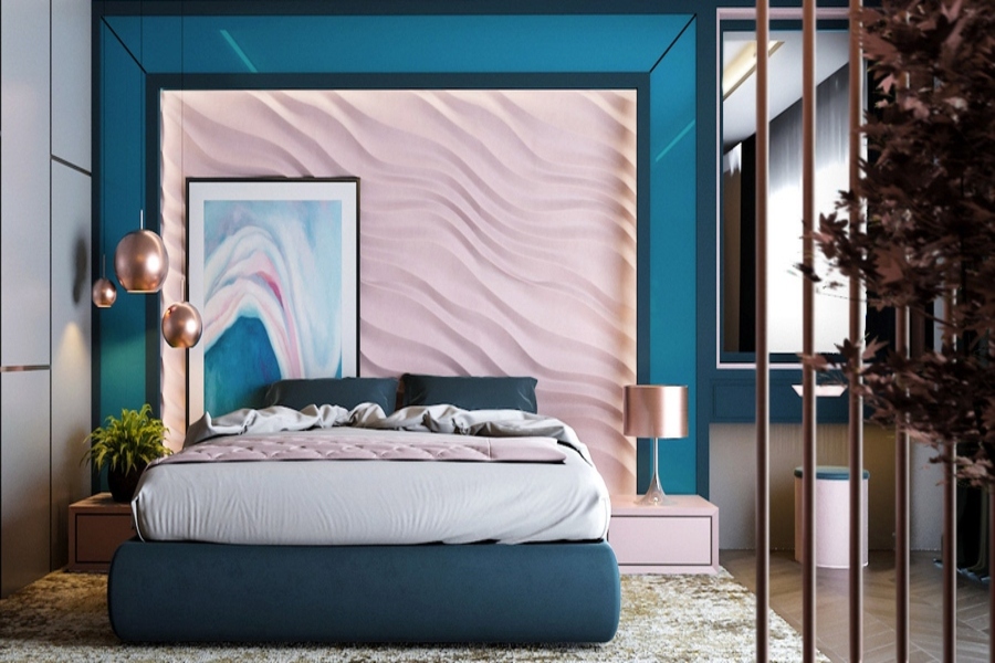 Tạo điểm nhấn khi kết hợp màu xanh dương và hồng trong không gian phòng ngủ