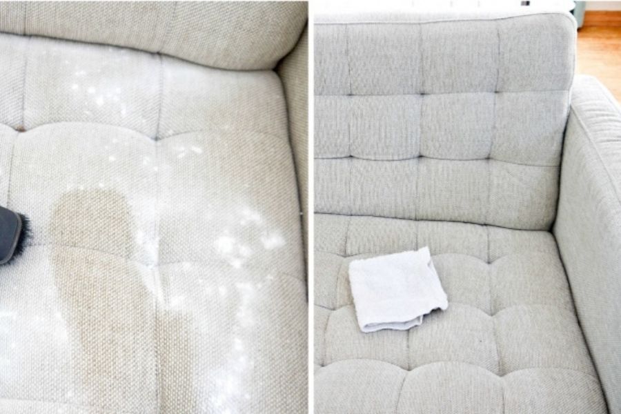 Vệ sinh ghế sofa vải với nước rửa chén và làm sạch bằng khăn mềm