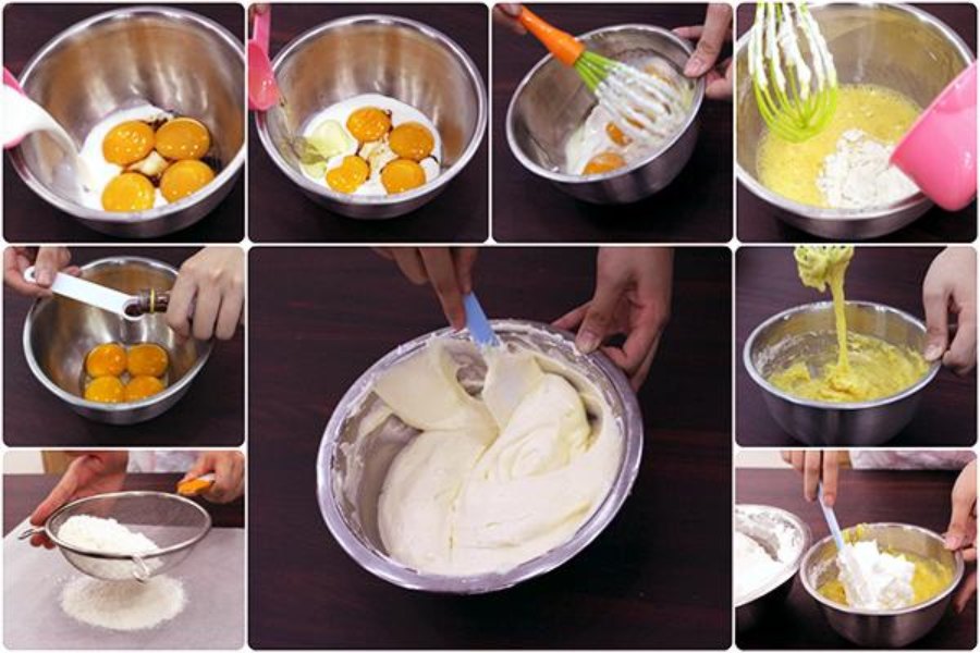 Cho trứng và đường vào tô lớn, dùng phới lồng đánh nhẹ nhàng đến khi trứng nhạt màu, chảy thành dòng và bông như kem. Cho từ từ từng phần bột mì vào đánh cùng hỗn hợp. Đánh đều tay đến khi bột quện dẻo thì cho vanilla vào khuấy đều.