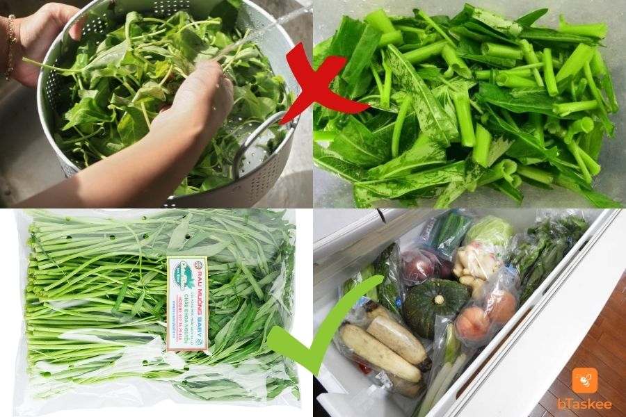 Nên bảo quản rau muống trong tủ lạnh bằng túi nilon