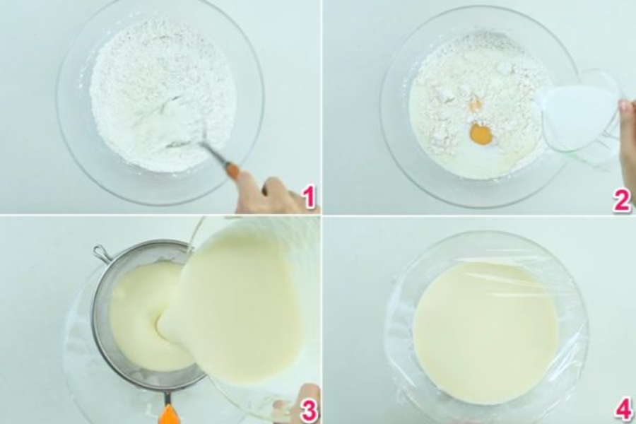 1+2: Trộn đều sữa, vani, trứng và bột 3: Lọc hỗn hợp qua rây 4. Dùng màng bọc kín