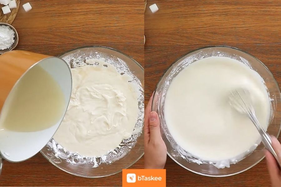 Cho từ từ nước cốt dừa vào hỗn hợp bột bánh Khuấy đều đến khi hỗn hợp hơi sệt lại
