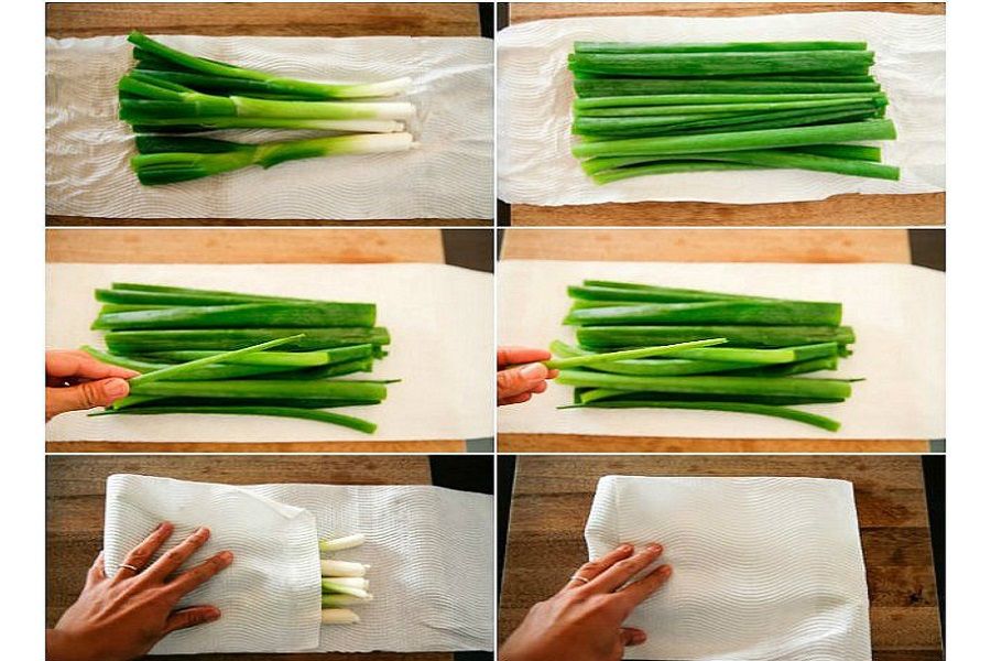 Cách thực hiện gói hành lá bằng khăn giấy để bảo quản trong tủ lạnh