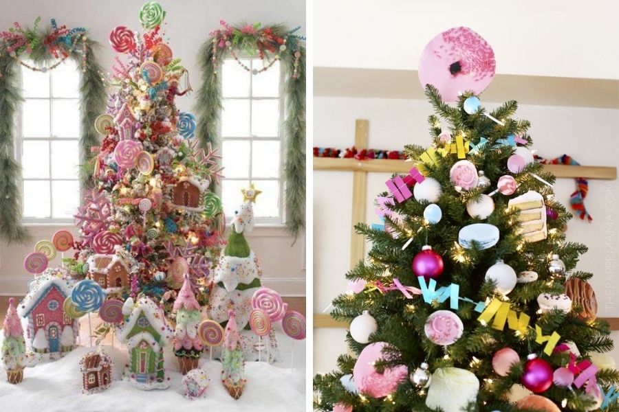 Trang trí cây thông Noel đầy kẹo và bánh
