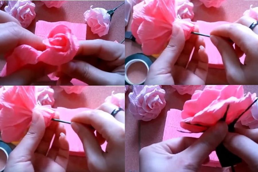 Sau khi cuộn giấy thành bông hoa, gắn trực tiếp cây kẽm vào bông hoa.