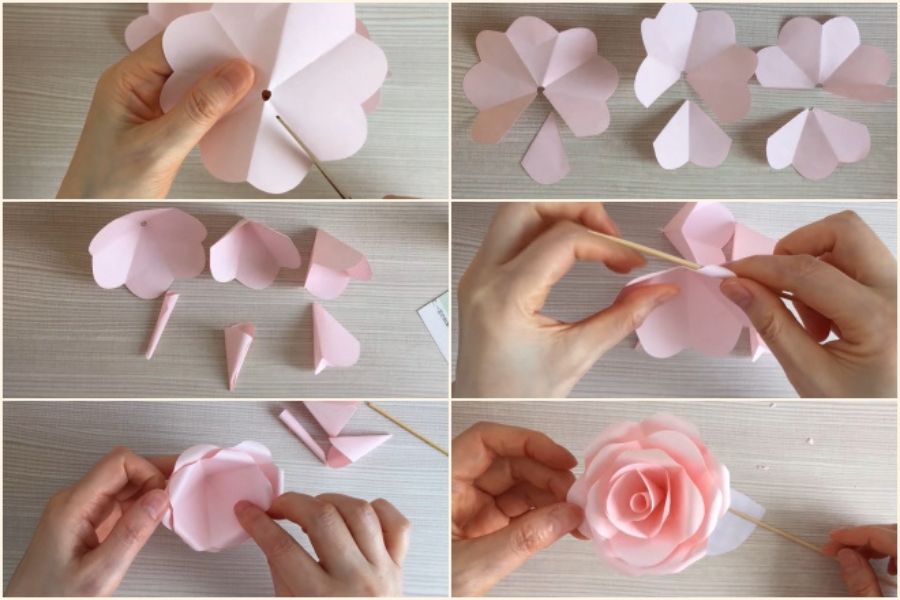 Thao tác dán các cánh hoa giấy lại với nhau.