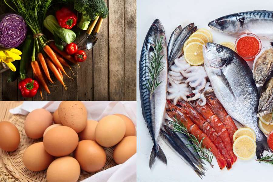 Hải sản, rau quả và trứng
