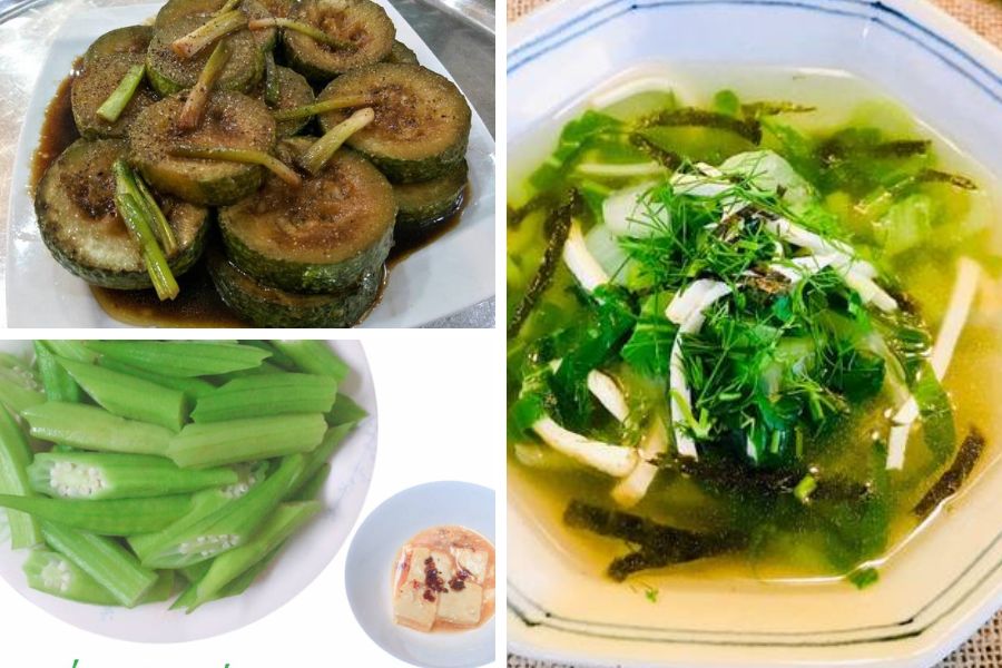 Bầu kho tiêu, canh cải ngọt rong biển chay, đậu bắp luộc, chao