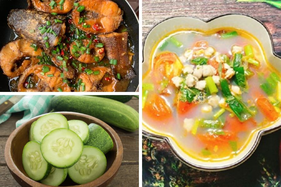 Cá lóc kho tiêu - Dưa leo - Canh hến nấu chua