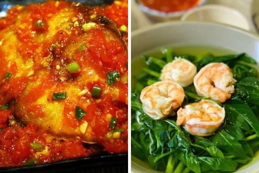 Cá thu sốt cà chua - Canh rau muống nấu tôm