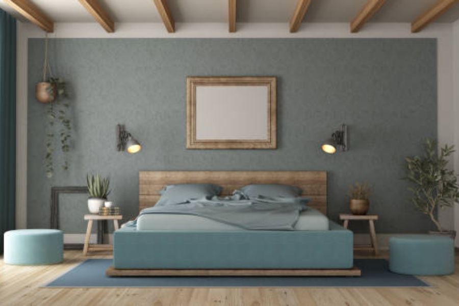 Phòng ngủ với tone màu xanh dương-trắng-xám kết hợp cùng cây xanh