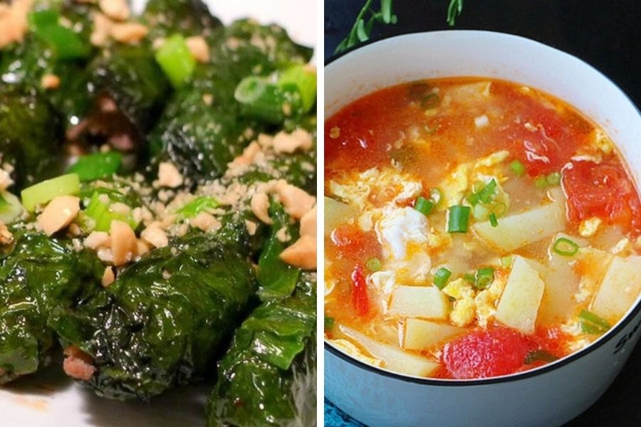 Thịt bò cuốn lá lốt và canh cà chua trứng