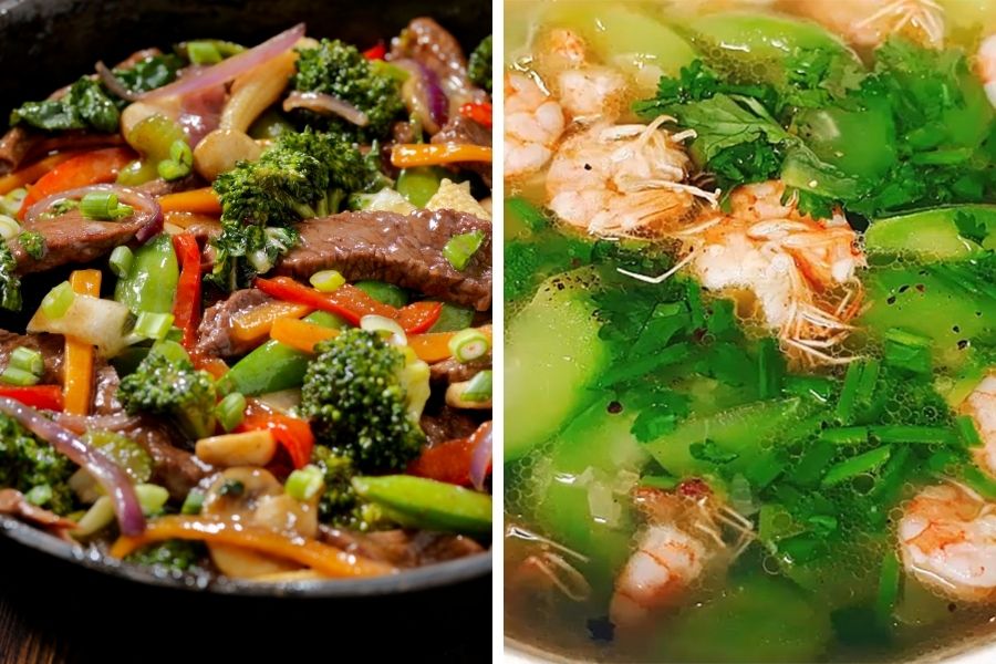 Bò xào rau củ và canh bí đao nấu tôm tươi