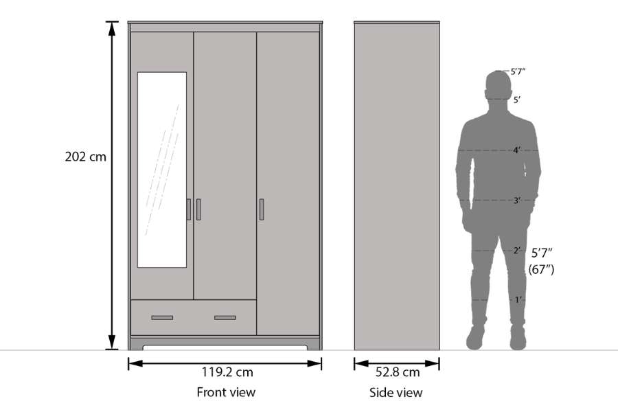 Chiều cao của tủ quần áo 3 cánh thường sẽ từ 200cm trở lên