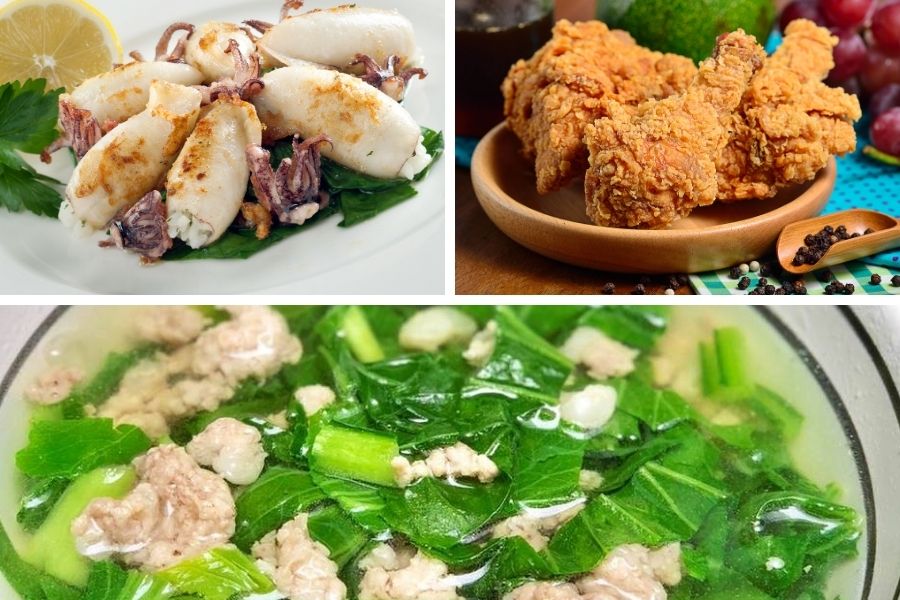 Mực nhồi thịt, gà tẩm bột chiên giòn và canh rau cải nấu thịt bằm