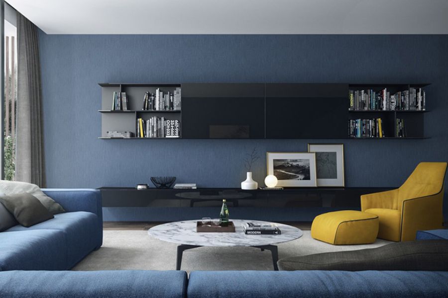 Với căn phòng khách có diện tích lớn bạn có thể chọn màu xanh đậm