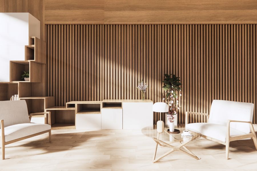 Phòng khách đẹp hiện đại hơn nhờ ốp gỗ họa tiết dọc