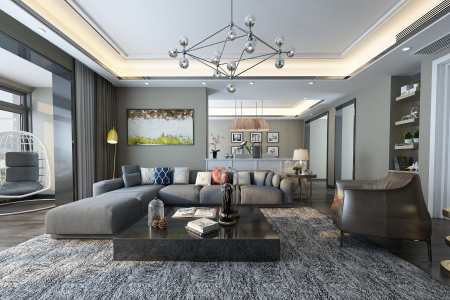 Kết hợp giữa màu xám và thiết kế tạo nên không gian phòng khách hiện đại