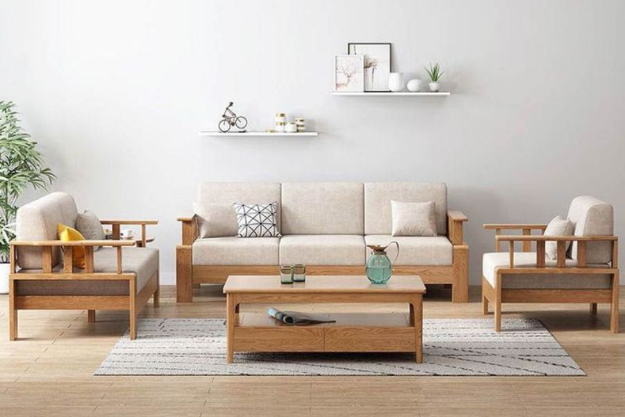 Mẫu ghế sofa gỗ văng 3 chỗ phong cách Nhật Bản