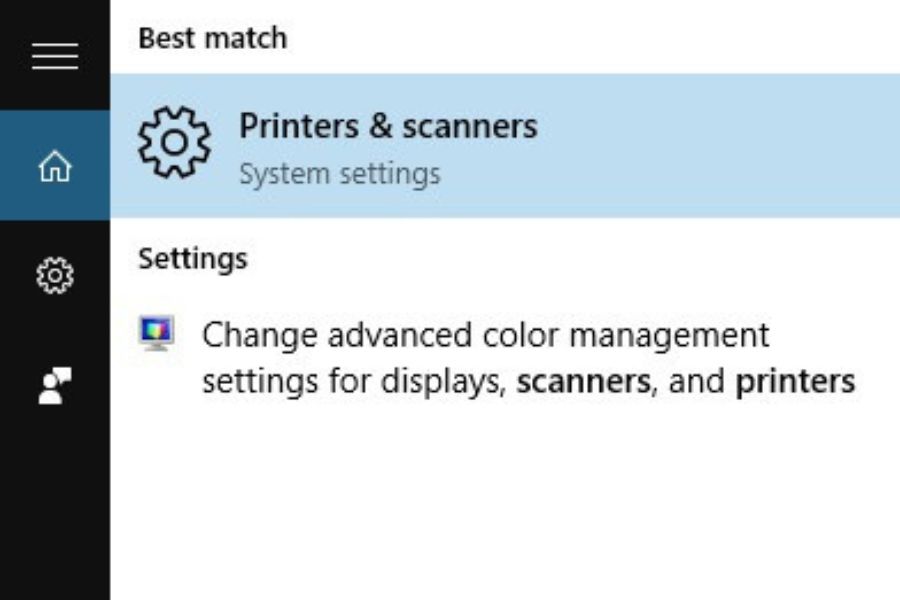 Tìm kiếm mục printers and scanners trên thanh taskbar