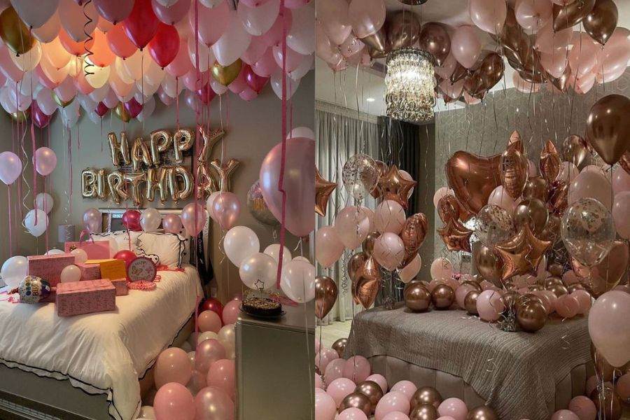 Mẫu trang trí sinh nhật trong phòng ngủ màu hồng nữ tính