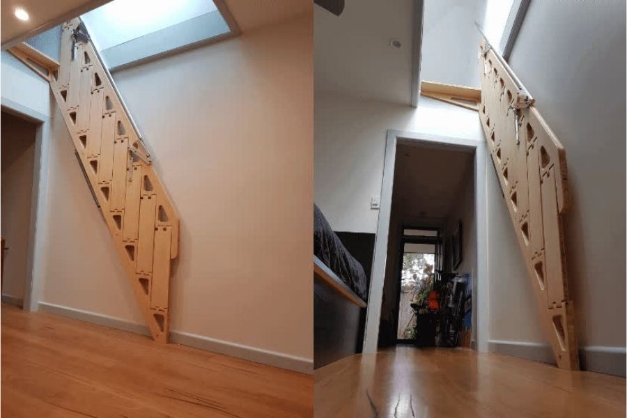 Cầu thang gấp có thiết kế nhỏ gọn, đơn giản nên sẽ tiết kiệm tối đa diện tích