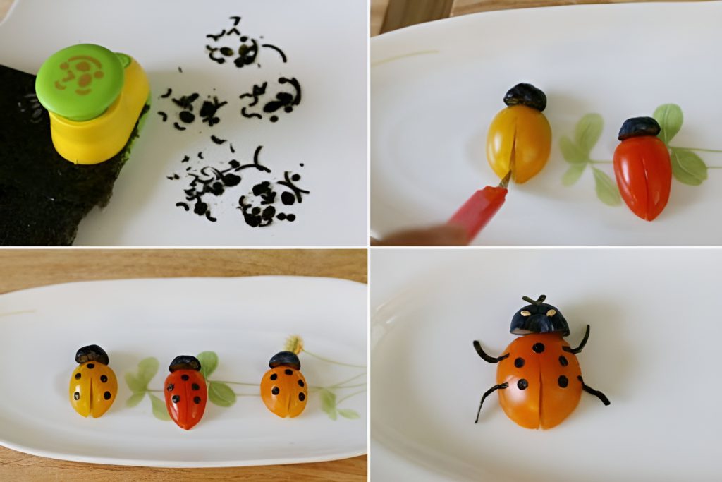 Từ những quả cà chua bi có thể cắt tỉa thành đàn bọ rùa đầy màu sắc.