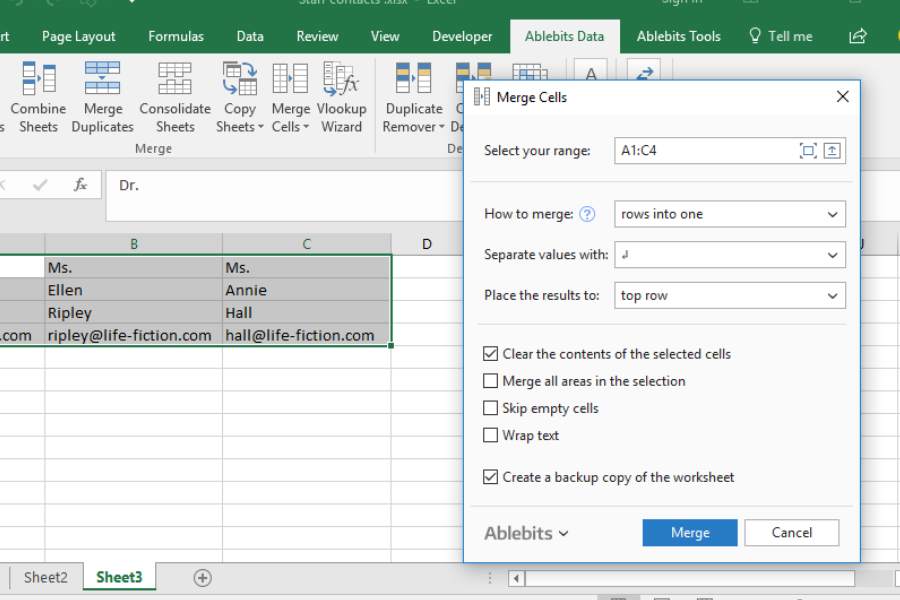 Công cụ Merge Cells for Excel gộp ô không làm mất dữ liệu.