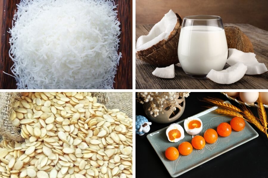 Nguyên liệu làm phần nhân bánh Trung Thu sữa dừa gồm: Dừa nạo, nước cốt dừa, hạt dưa, trứng muối,…
