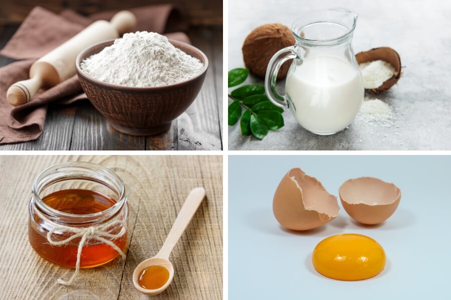 Nguyên liệu làm vỏ bánh Trung Thu nhân dừa gồm: Bột mì, sữa tươi không đường, nước đường, trứng gà,…