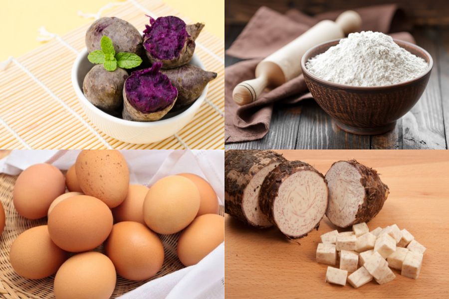 Những nguyên liệu chính làm bánh trung thu khoai môn gồm khoai môn, khoai lang tím, bột mì, trứng gà.