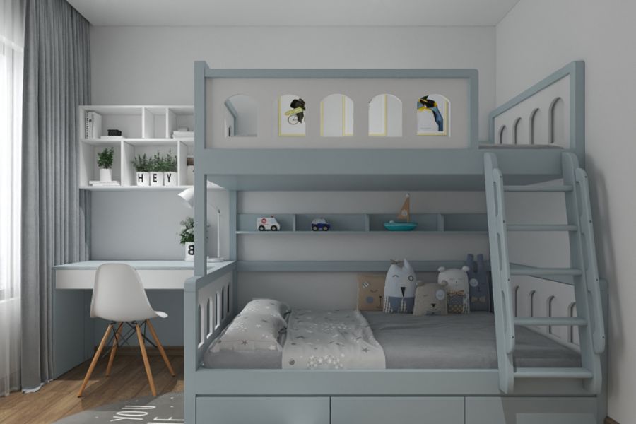 Thiết kế phòng ngủ cho trẻ nhỏ với nội thất gỗ, nhựa an toàn.