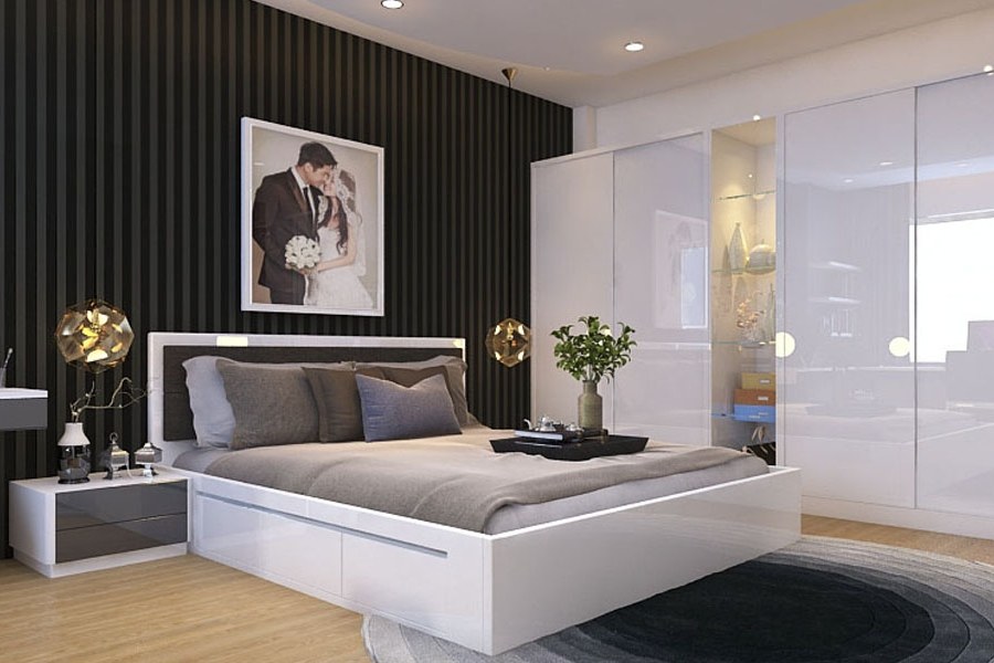 Thiết kế căn phòng phù hợp cho vợ chồng mới cưới với đầy đủ nội thất cơ bản.