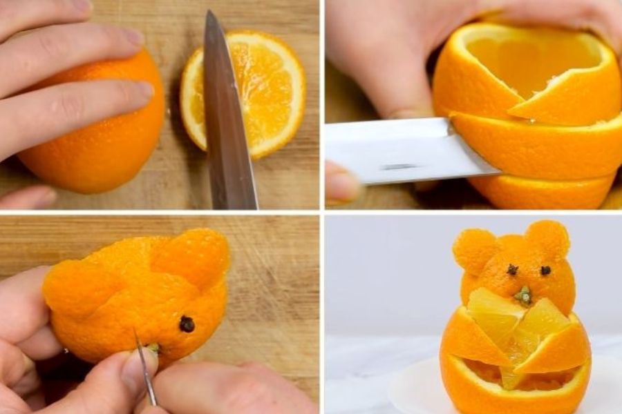 Chú gấu xinh xắn được làm từ quả cam giúp mâm cỗ trung thu thêm độc đáo.