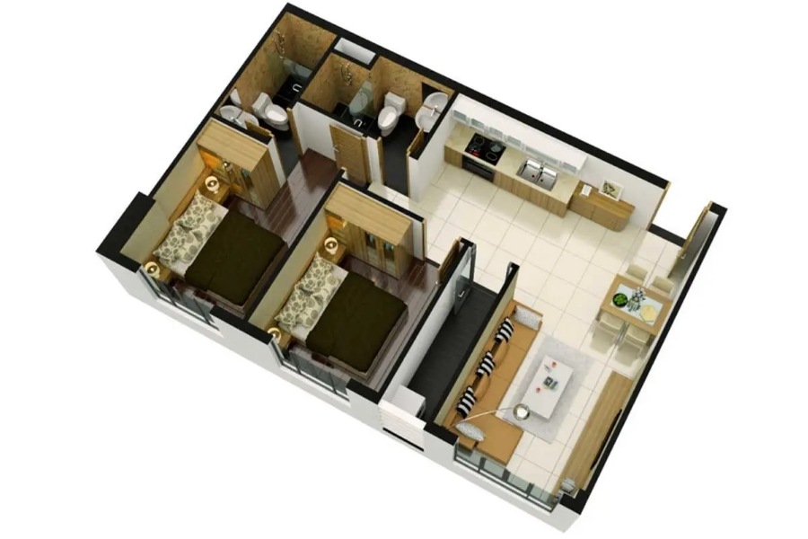 Thiết kế nội thất căn hộ 2 phòng ngủ 50m2 đơn giản và gọn gàng.