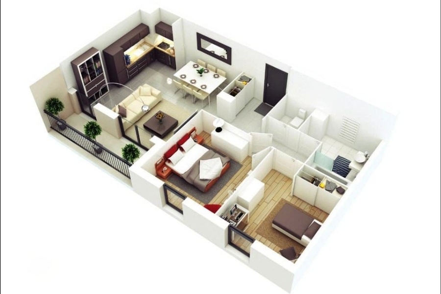 Thiết kế nội thất căn hộ 2 phòng ngủ tông trắng chủ đạo, giúp không gian thêm thuận mắt.