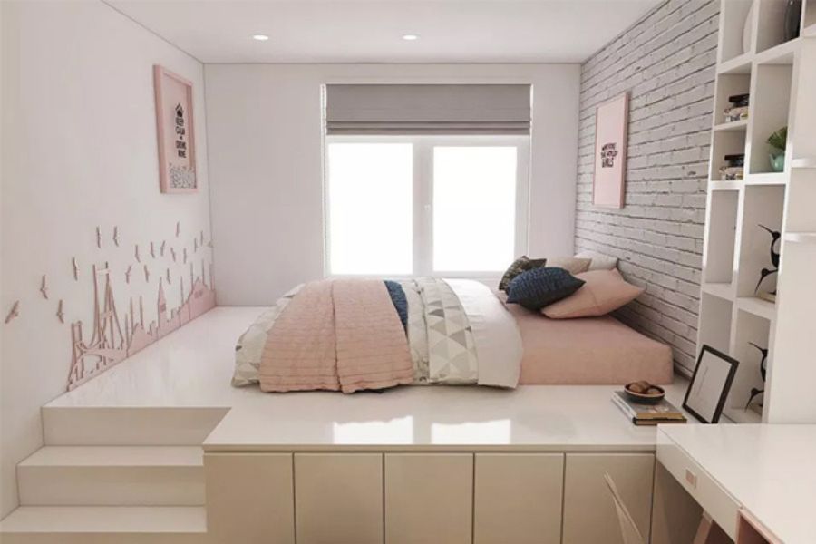 Thiết kế phòng ngủ với nội thất tích hợp đa năng, giúp tiết kiệm diện tích.