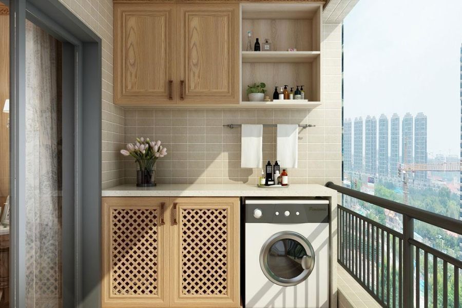 Thiết kế tủ máy giặt bằng gỗ tự nhiên tích hợp cùng bàn bếp nấu ăn tiện lợi, ngăn nắp.