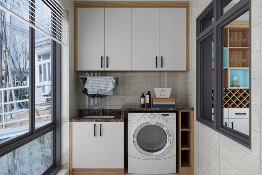 Thiết kế tủ máy giặt bằng bằng mặt đá hoa cương mang lại cảm giác gần gũi, hiện đại.